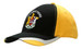 A black and yellow cap with peak inserts and embroidery, featuring a logo on the front.