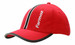 A red cap featuring a black peak trim and striped piping on the crown, with a logo on the front.