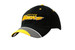 A black cap with yellow and grey piping, featuring a logo on the front. Suitable for casual wear. A black cap with yellow and grey piping, featuring a logo on the front. Suitable for casual wear.