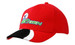 A red cap with peak inserts, featuring embroidery and a logo.