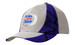 A grey and purple cap with fabric inserts and embroidery, featuring a logo on the front.