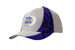 A grey and purple cap with fabric inserts and embroidery on the crown and peak, featuring a logo.