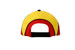 A cap featuring a yellow and red design with a black adjustable strap and a logo on the back.