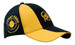 A navy and yellow cap featuring a logo, with a fabric insert on the crown and peak.