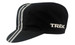 A black microfibre cycling cap with white stripes and a logo. Features a curved peak for sun protection.