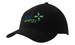 A black cap featuring a logo in green and blue colours, designed with a curved brim and a snug fit.
