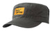A grey military cap with a wide brim and an orange patch featuring a logo.