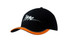 A black cap with an orange peak trim and piping, featuring a logo on the front. A black cap with an orange peak trim and piping, featuring a logo on the front.