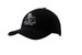 A black cap with a peak, featuring a logo and embroidered text on the front. A black cap with a peak, featuring a logo and embroidered text on the front.