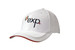 A white cap with sandwich trim and piping on the peak, featuring an embroidered logo. A white cap with sandwich trim and piping on the peak, featuring an embroidered logo.