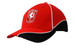 A red cap with black peak and piping, featuring a logo on the front. Designed from brushed heavy cotton.
