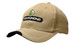 A beige cap with a black peak and contour trim, featuring a logo on the front.