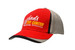 A red and grey cap with fabric inserts on the crown and peak, featuring a logo on the front. A red and grey cap with fabric inserts on the crown and peak, featuring a logo on the front.