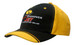 A black and yellow cap featuring a logo and an embroidered design on the front.