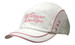 A white cap with pink trim and mesh inserts, featuring an embroidered logo on the front.