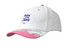 A white cap with pink accents and flame embroidery on the peak, featuring a logo on the crown.