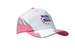 A brushed heavy cotton cap in white and pink with flame embroidery on the crown and peak, featuring a logo.