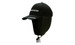 A black cap with a back flap and rope, featuring a logo on the front. It has a curved brim and ear flaps.