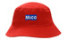A red bucket hat featuring a logo on the front, made from double pique mesh material.