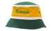 A green and yellow cotton twill bucket hat with a logo and white crown trims.