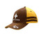 Brushed heavy cotton cap in brown and yellow with contrast stitching and stripes, featuring a logo on the front. Brushed heavy cotton cap in brown and yellow with contrast stitching and stripes, featuring a logo on the front.