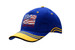 A blue cap with yellow sandwich trim, peak indent, crown embroidery, and a logo on the front. A blue cap with yellow sandwich trim, peak indent, crown embroidery, and a logo on the front.
