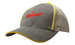 A grey cap with sandwich trim and crown piping in yellow, featuring a logo on the front.