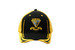 A black and yellow cap with crown and peak embroidery, featuring fabric inserts on the peak and a logo. A black and yellow cap with crown and peak embroidery, featuring fabric inserts on the peak and a logo.