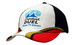A cap featuring a white front, black sides, and a red underside with embroidered details and a logo.