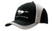 A black and grey cap with fabric inserts and piping, featuring a logo on the front.