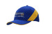 A blue and yellow cap with a fabric insert on the crown and a logo on the front. A blue and yellow cap with a fabric insert on the crown and a logo on the front.