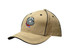 A beige cap with black sandwich trim and crown piping featuring an embroidered logo of a bulldog.