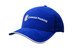 A blue brushed heavy cotton cap with an open sandwich design and a logo on the front. A blue brushed heavy cotton cap with an open sandwich design and a logo on the front.