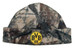A camouflage micro fleece beanie featuring a circular logo on the front. A camouflage micro fleece beanie featuring a circular logo on the front.