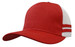 A red trucker cap with white mesh sides and striped detailing, featuring a branded logo.