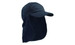 A navy blue cap with a wide flap at the back, featuring a logo on the front.