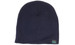 A navy beanie with a snug fit, featuring a small logo tag on the side.