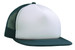 A flat peak trucker mesh cap featuring a white front panel and green mesh sides and peak. It includes a logo. A flat peak trucker mesh cap featuring a white front panel and green mesh sides and peak. It includes a logo.