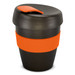 A drink bottle in black with an orange silicone band and lid, featuring a curved design and a logo. A drink bottle in black with an orange silicone band and lid, featuring a curved design and a logo.