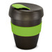 A drink bottle in black with a green silicone band and matching lid. It features a logo on the surface. A drink bottle in black with a green silicone band and matching lid. It features a logo on the surface.
