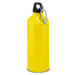 A drink bottle in bright yellow, made of metal with a black cap and a carabiner clip. A drink bottle in bright yellow, made of metal with a black cap and a carabiner clip.