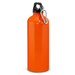 A drink bottle with a glossy orange finish and a black top, featuring a carabiner attachment. A drink bottle with a glossy orange finish and a black top, featuring a carabiner attachment.