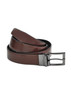 A brown leather reversible belt with a black underside and a silver buckle, featuring a logo. A brown leather reversible belt with a black underside and a silver buckle, featuring a logo.