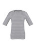 A women's short sleeve T-top in navy and white stripes, featuring a crew neckline and a branded logo.