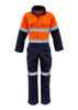 An orange and navy overall designed for workwear, featuring hoop-taped reflective stripes and a logo. An orange and navy overall designed for workwear, featuring hoop-taped reflective stripes and a logo.