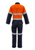 An orange and navy overall with hoop taping, featuring reflective stripes and pockets, suitable for workwear. An orange and navy overall with hoop taping, featuring reflective stripes and pockets, suitable for workwear.
