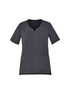 A women's round neck scrub top in dark grey, featuring short sleeves and two front pockets. A women's round neck scrub top in dark grey, featuring short sleeves and two front pockets.