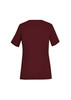 A maroon women's scrub top with a round neck and short sleeves, featuring a logo on the back. A maroon women's scrub top with a round neck and short sleeves, featuring a logo on the back.