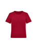 A burgundy short sleeve jersey top with a round neckline, featuring a simple design and a logo. A burgundy short sleeve jersey top with a round neckline, featuring a simple design and a logo.