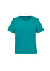 A teal women's short sleeve jersey top with a round neckline and short sleeves. It features a branding logo. A teal women's short sleeve jersey top with a round neckline and short sleeves. It features a branding logo.